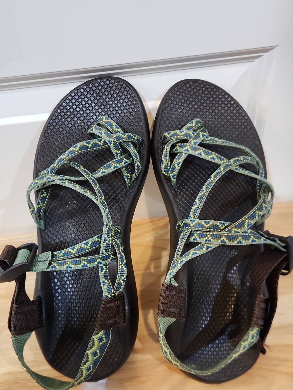 Chaco Brown Sandals with Green Patterned Straps